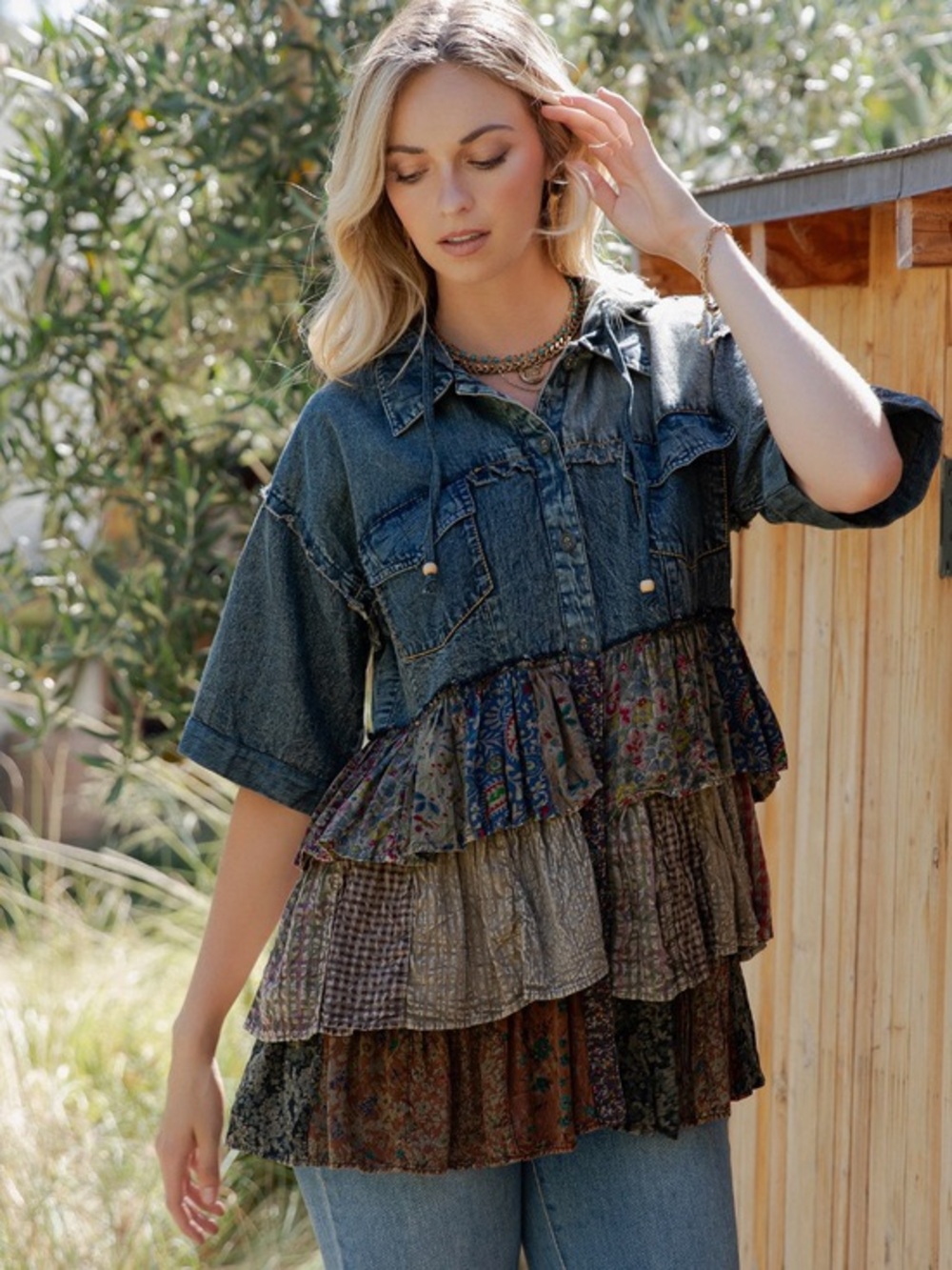 Boho Denim Patchwork Ruffle Tunic - Blue & Multi
